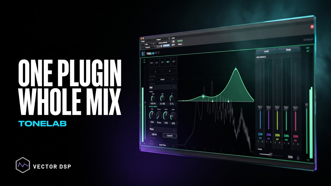ToneLab open over a Pro Tools session, showing the reverb lane and mix console